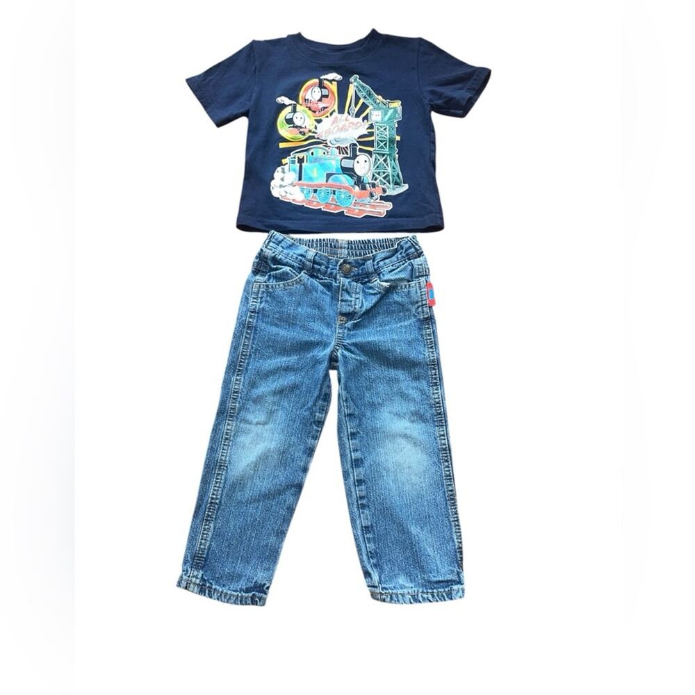 Kids Navy Graphic Tee and Blue Jeans Thomas The Train Set Size 2T Vintage